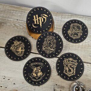 Harry Potter Black & Gold Leatherette Coaster Set (6-Piece with Stand)